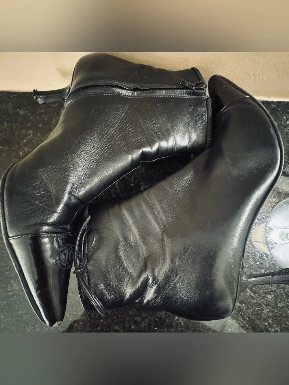 Size 8.5 CHANEL Women’s Black Leather Pointed-Toe Ankle Boots with Patent Cap
